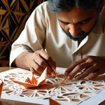 A deeply reflective Pakistani artist's hands meticulously creating an intricate paper sculpture, with delicate origami cranes and detailed quilling art visible in the background. The scene is bathed in warm, soft light, conveying the meditative and expressive nature of paper art, embodying patience and a deep personal connection. Subtle elements of traditional Pakistani design or architecture are incorporated into the studio's decor.