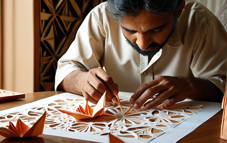 A deeply reflective Pakistani artist's hands meticulously creating an intricate paper sculpture, with delicate origami cranes and detailed quilling art visible in the background. The scene is bathed in warm, soft light, conveying the meditative and expressive nature of paper art, embodying patience and a deep personal connection. Subtle elements of traditional Pakistani design or architecture are incorporated into the studio's decor.