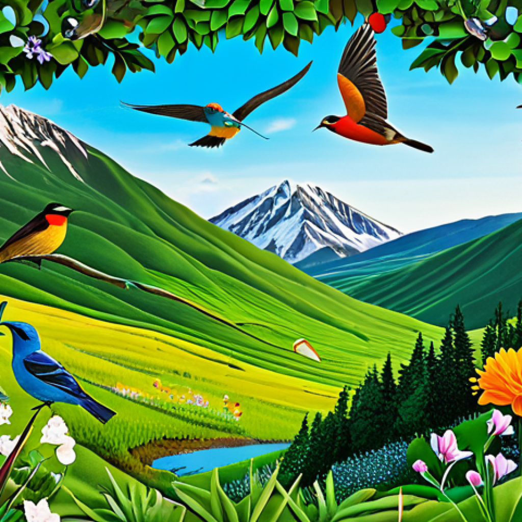Nature-Inspired Collage**
"A vibrant and colorful paper art collage depicting a serene landscape with lush greenery, blooming flowers, and birds in flight, fully clothed, appropriate content, safe for work, perfect anatomy, natural proportions, family-friendly"
**
