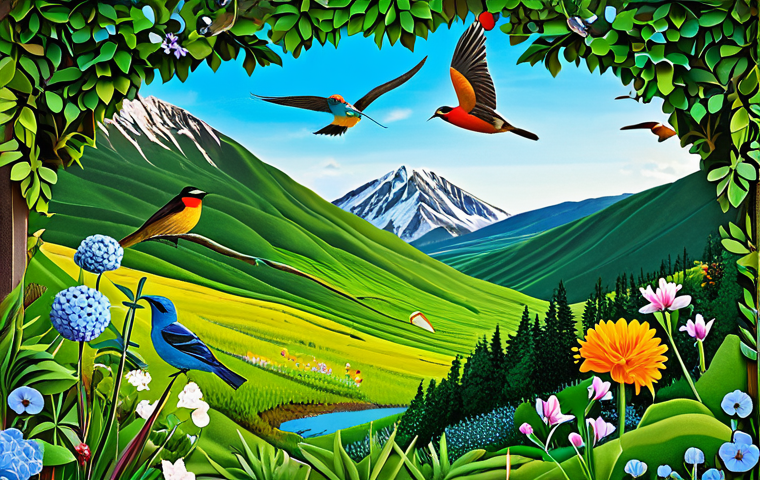 Nature-Inspired Collage**
"A vibrant and colorful paper art collage depicting a serene landscape with lush greenery, blooming flowers, and birds in flight, fully clothed, appropriate content, safe for work, perfect anatomy, natural proportions, family-friendly"
**