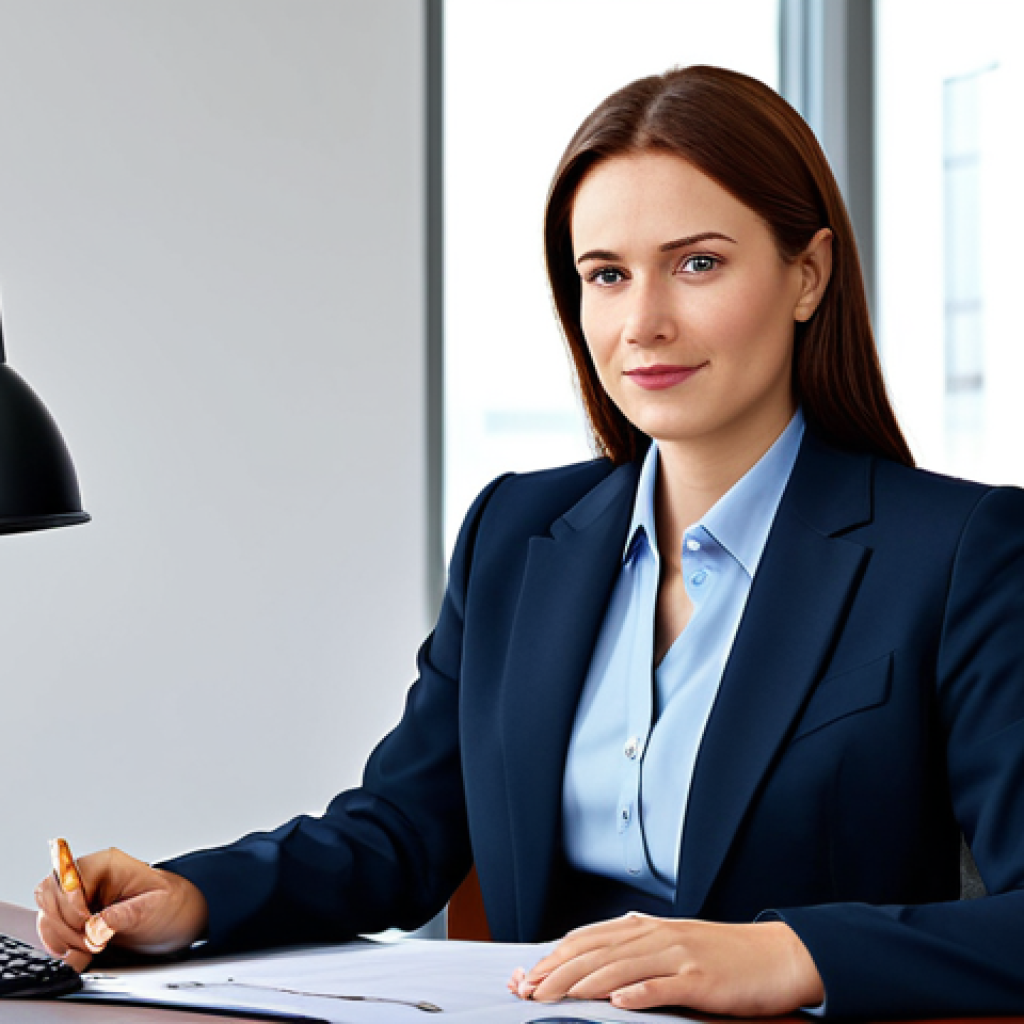 종이 아트와 전통 - A professional businesswoman in a modest business suit, sitting at a desk in a modern office, fully ...