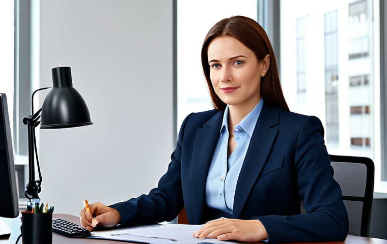 종이 아트와 전통 - A professional businesswoman in a modest business suit, sitting at a desk in a modern office, fully ...