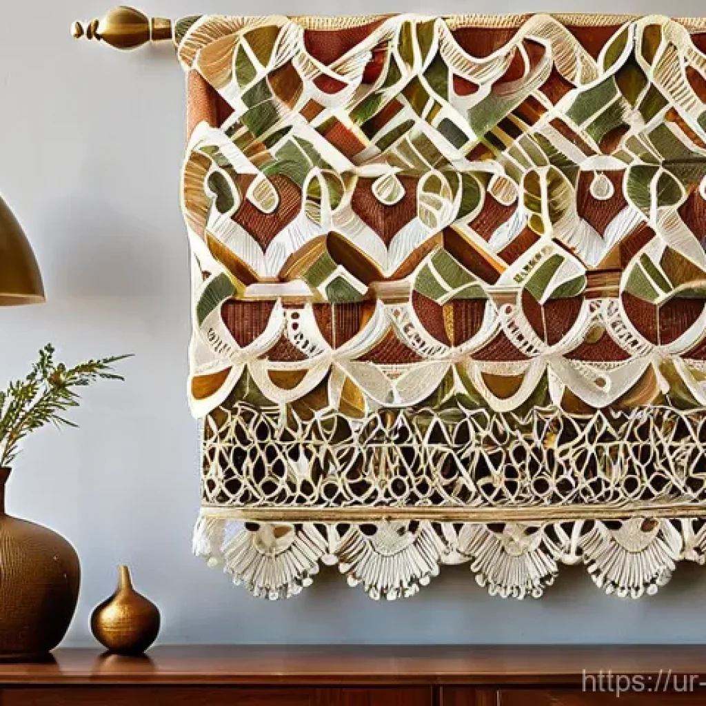 종이공예와 패브릭 결합 - **Intricate Paper and Fabric Wall Hanging in a Cozy Living Room**
    A wide shot of a beautifully c...