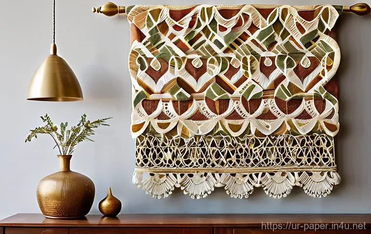 종이공예와 패브릭 결합 - **Intricate Paper and Fabric Wall Hanging in a Cozy Living Room**
A wide shot of a beautifully c...