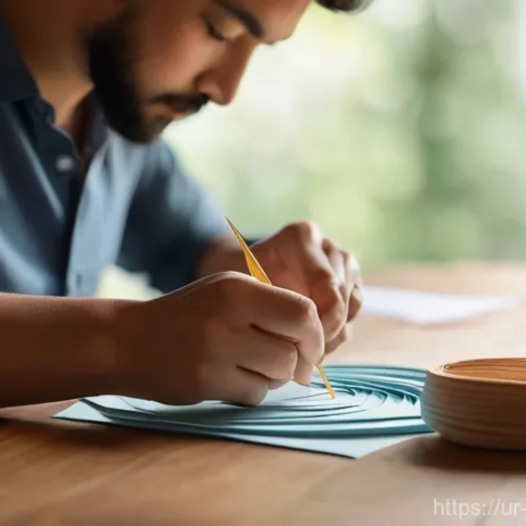 종이공예의 역사 - A serene and warmly lit image of an individual (gender-neutral, around 30 years old) deeply engrosse...