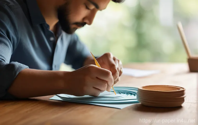 종이공예의 역사 - A serene and warmly lit image of an individual (gender-neutral, around 30 years old) deeply engrosse...