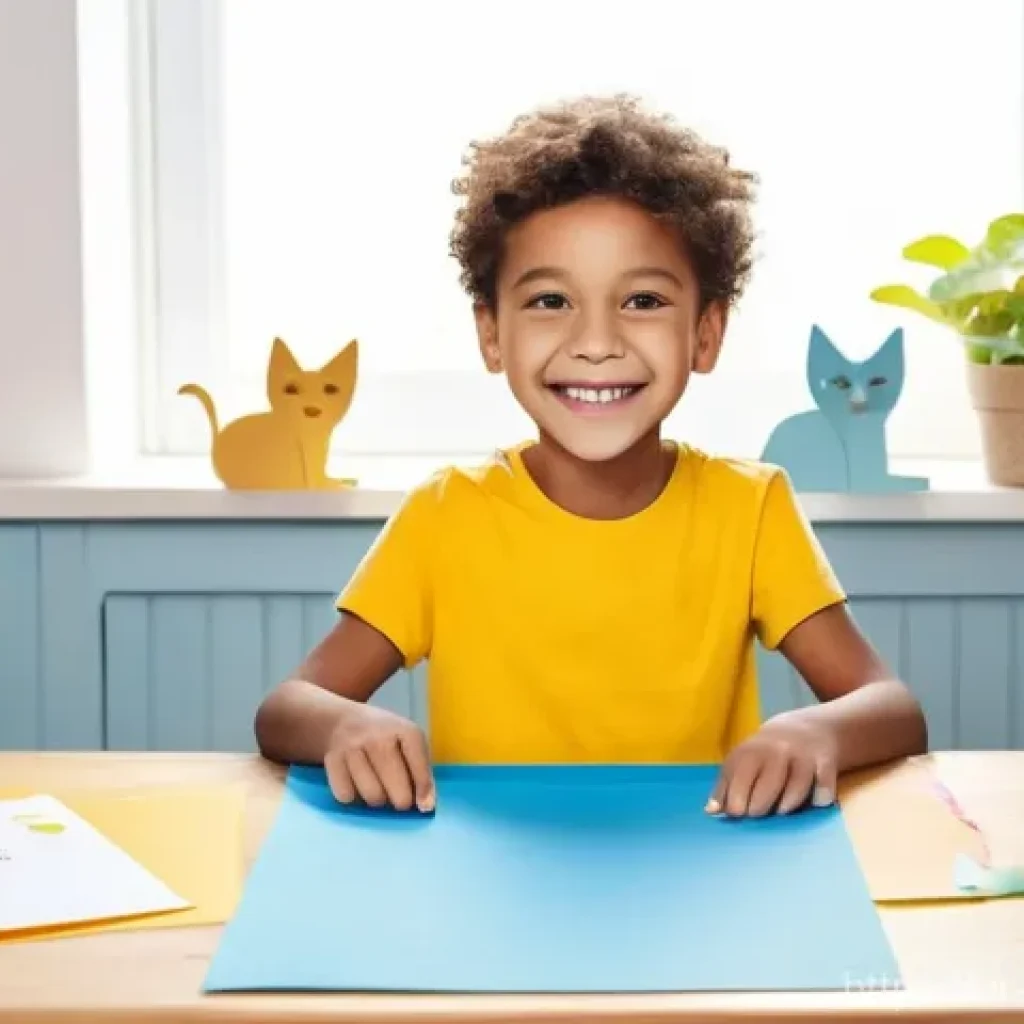 종이 공예 카툰 아트 - **A joyous child engaging in paper craft**: A happy 8-year-old child, wearing a bright yellow t-shir...