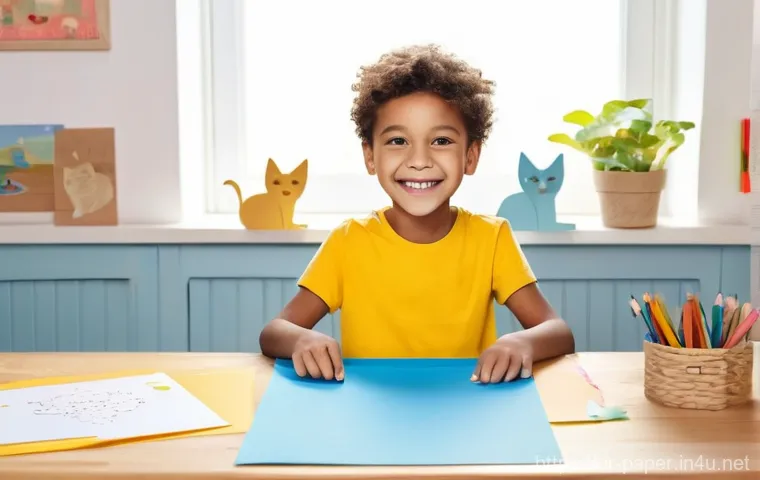 종이 공예 카툰 아트 - **A joyous child engaging in paper craft**: A happy 8-year-old child, wearing a bright yellow t-shir...