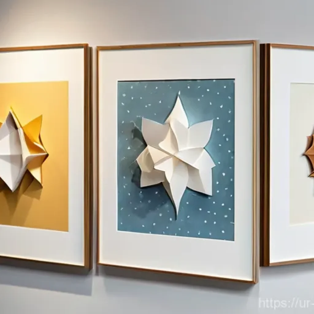 종이 아트 작품 전시 방법 - **Prompt:** "A tastefully arranged gallery wall showcasing a collection of delicate paper artworks. ...