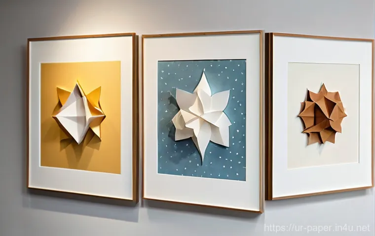 종이 아트 작품 전시 방법 - **Prompt:** "A tastefully arranged gallery wall showcasing a collection of delicate paper artworks. ...