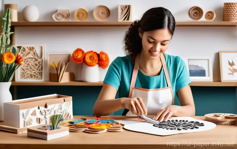 종이공예 디자인의 방향 - **Prompt 1: Paper Craft Entrepreneur in a Digital Studio**
"A creative female paper artist, in h...