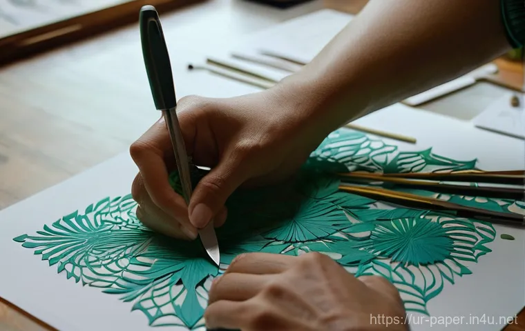 종이 아트 스타일 - **Prompt:** A highly detailed, photorealistic image of a skilled artisan's hands meticulously workin...