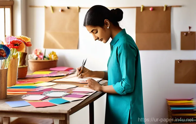 종이공예 소품 판매 아이템 - **Prompt:** A cozy, sunlit workspace dedicated to paper crafting. A female artist, wearing a modest,...
