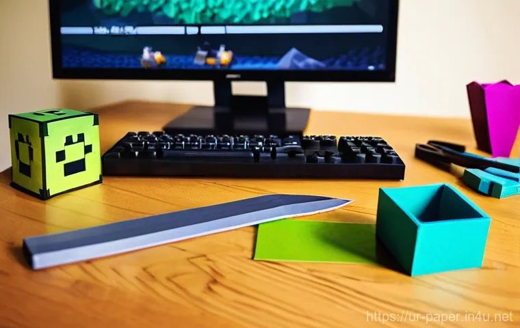 종이로 만든 게임 소품 - **Prompt 1: A Gamer's Crafting Nook**
"A cozy, well-lit crafting corner in a gamer's room. On a ...