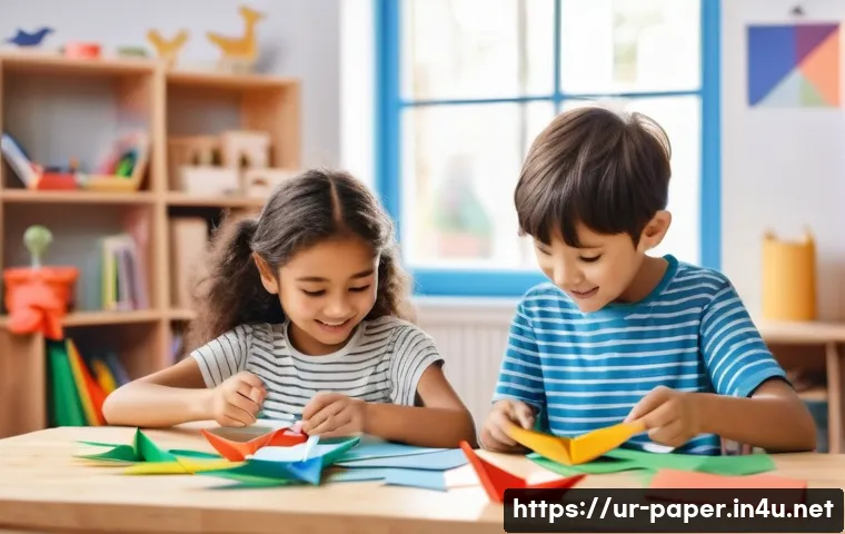 종이공예 장식 아이템 - **Prompt for image generation: A vibrant and joyful scene of two children, a boy and a girl, aged ar...